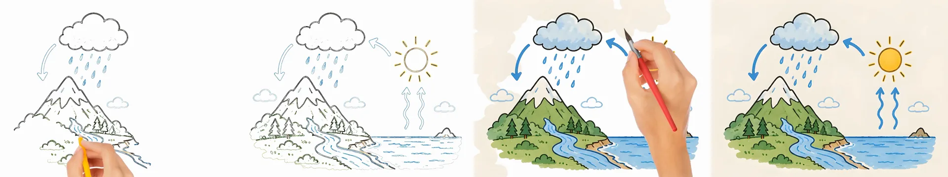 SpeedPaint in Canva: four frames of the water-cycle picture, outlines drawn by a hand with a yellow pencil, then painted in colour by a hand with a red brush