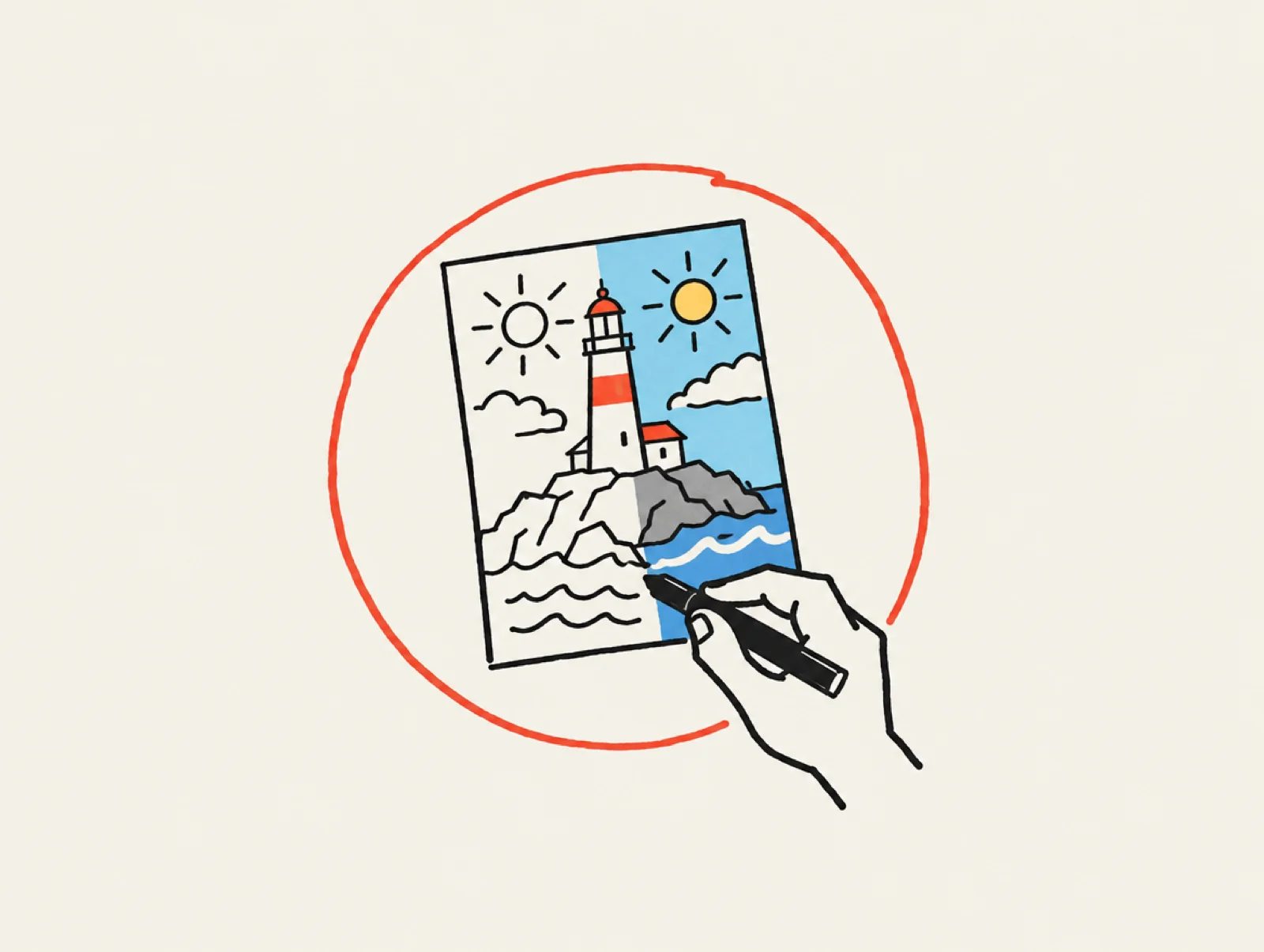 A hand with a marker drawing a lighthouse picture: the left half only outlines, the right half already coloured.