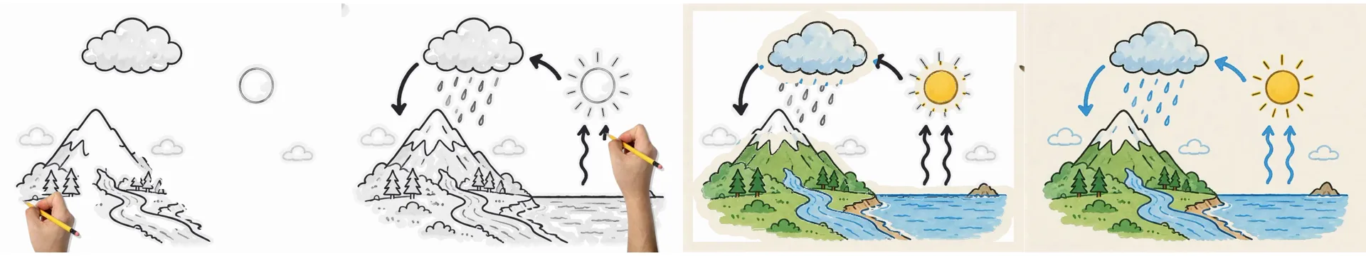 speedpaint.org: four frames of the water-cycle picture, drawn in pencil with grey shading by a hand, then coloured, ending on cream paper.