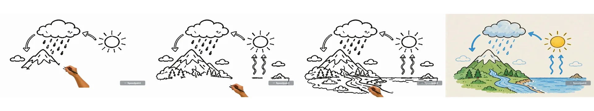 speedpaint.io: four frames of the water-cycle picture drawn as black line art by a hand with a pencil, coloured only in the last frame, with a Speedpaint watermark.