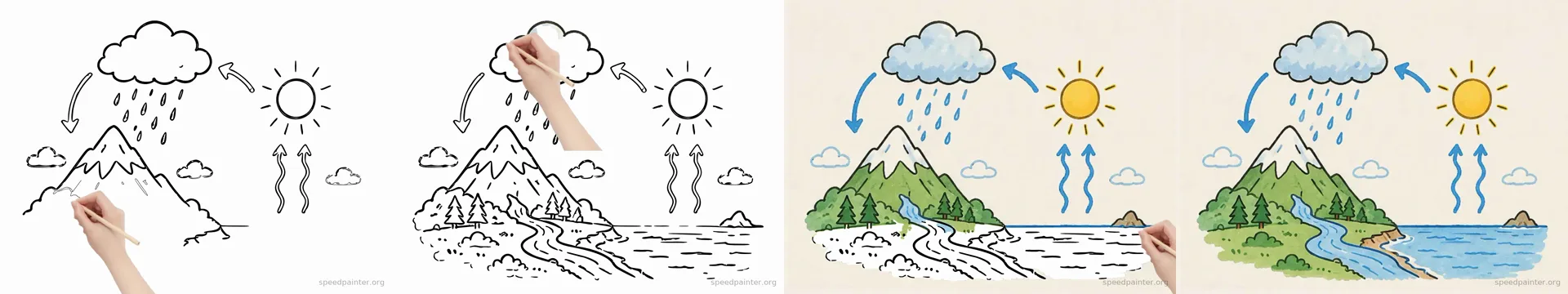 speedpainter.org: four frames of the water-cycle picture outlined by a hand with a pencil, then coloured on cream paper, with a speedpainter.org watermark.
