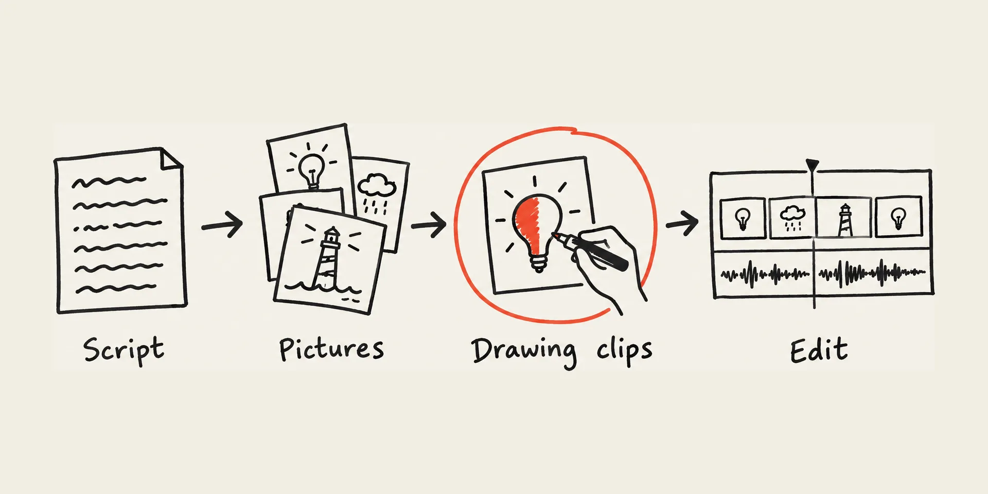 A hand-drawn flow of four steps joined by arrows: a script page, a stack of pictures, one picture being drawn by a hand with a marker (circled in red), and a video timeline with clips above a voice-over waveform.