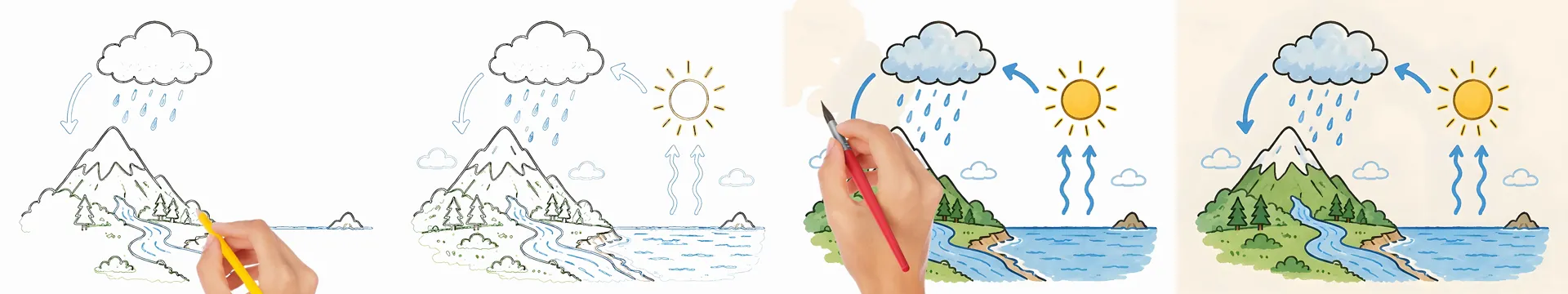 speedpaint.co: four frames of the water-cycle picture, outlines drawn by a hand with a yellow pencil, then painted in colour by a hand with a red brush.