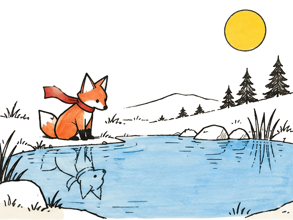 A paper fox with a red scarf at a pond, ink and marker on warm paper.