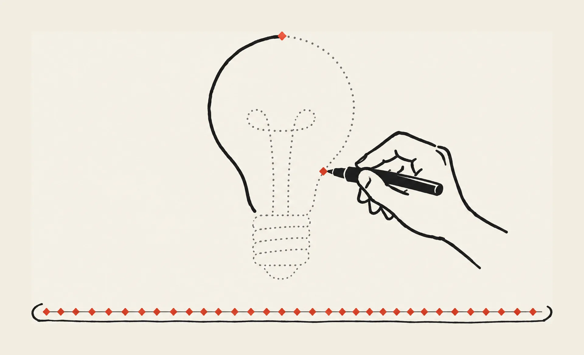 A hand-drawn light bulb, a few of its lines inked and the rest still dotted guides, a hand tracing the next line, and below it a long track of red keyframe marks, one per line.