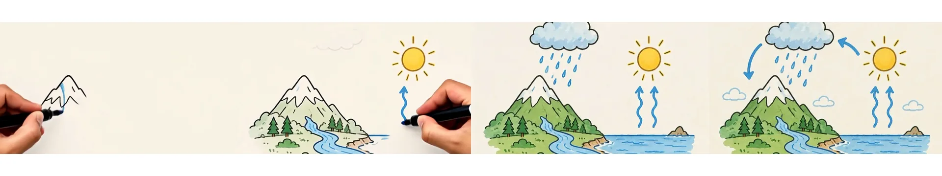 Kling 3.0: four frames. A hand with a black marker draws a mountain outline; then the mountain, river and sun appear coloured while a faint cloud fades in; then the finished picture with no hand; the end frame is the picture cropped to 16:9.