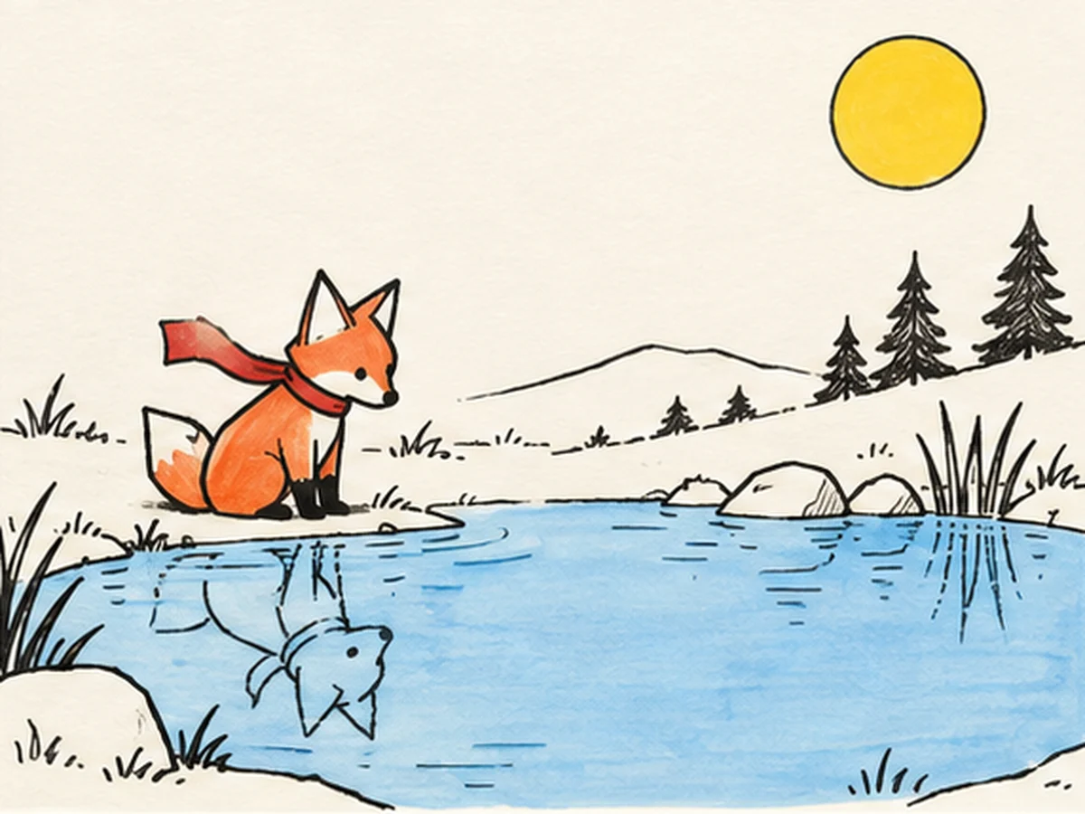 A paper fox with a red scarf at a pond, ink and marker on warm paper.