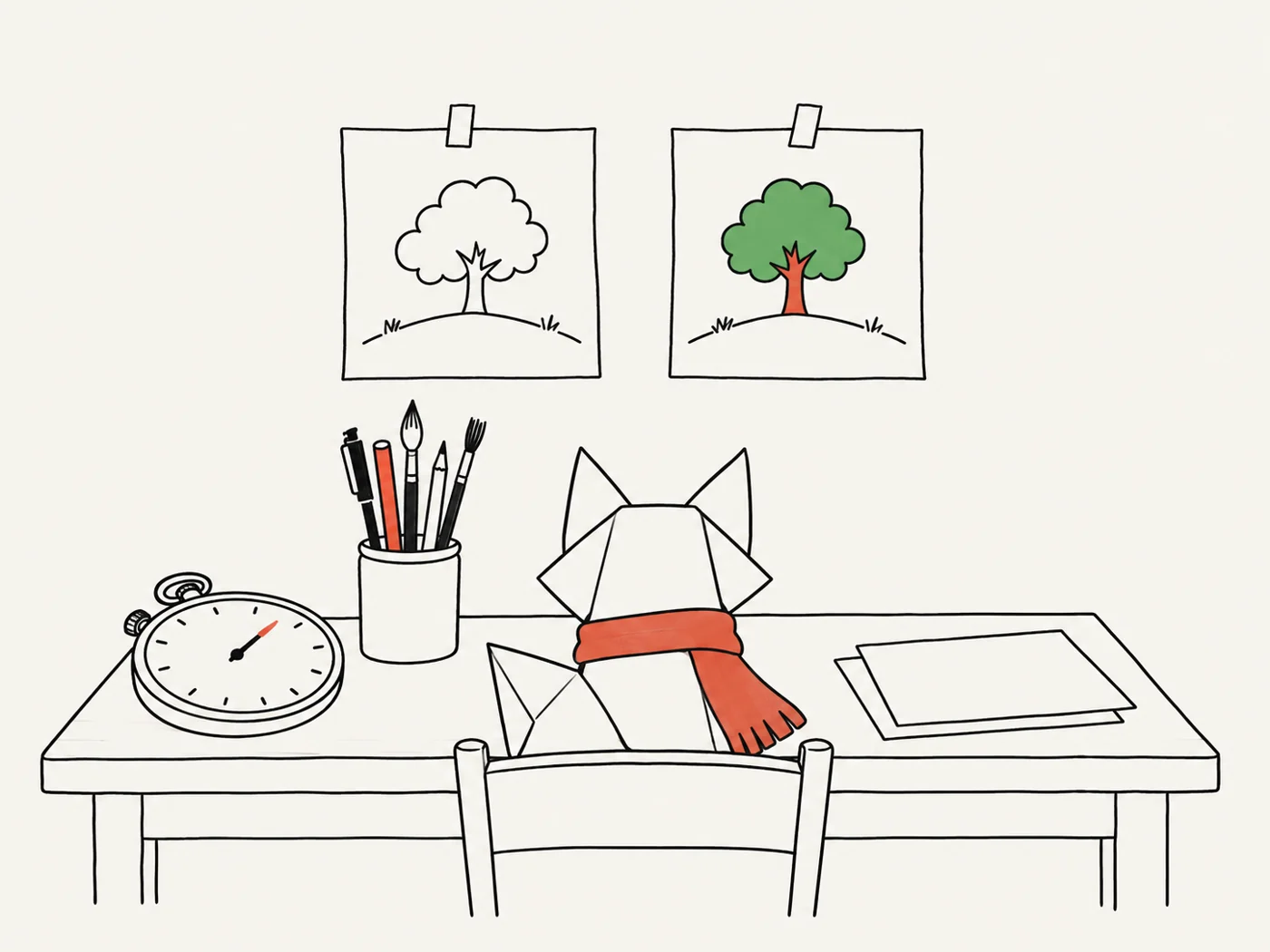 A paper fox at a drawing desk: a stopwatch, a jar of pens, and the same picture pinned up twice, once in outline and once in colour.